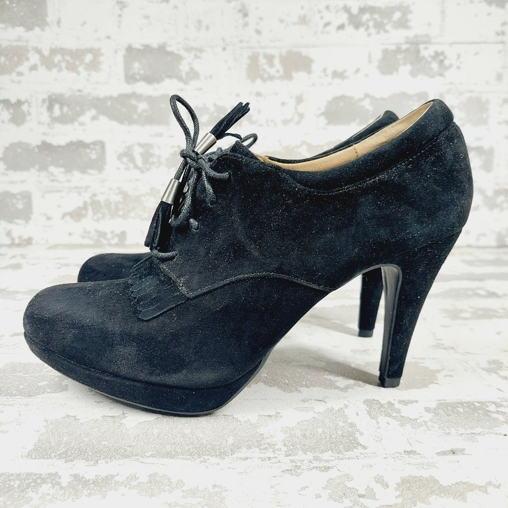 Adrienne Vittadini Black Suede Leather Lace Up Heeled Platform Ankle Boots O517